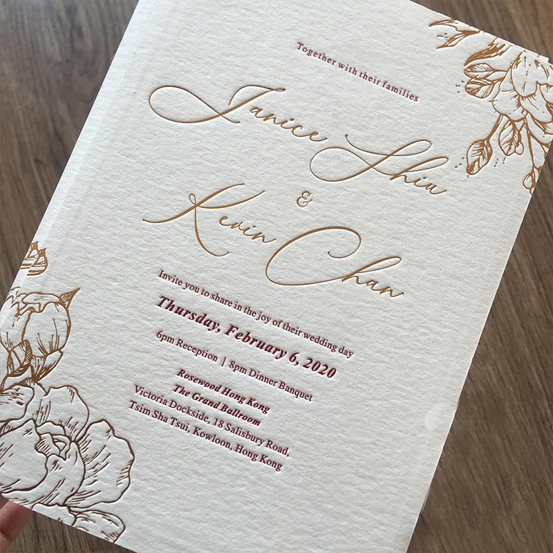 

Custom Cotton Invitation,450g 600g High Quality , Gold Foil Letterpress,Wedding Invite Cards, Anniversary Party For Guests, 65pc