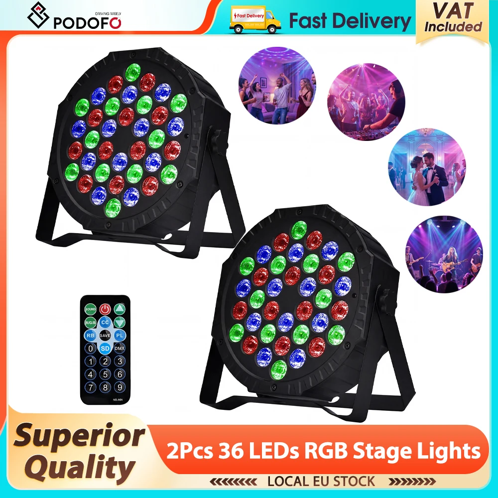 Podofo PAR-Licht für Bühne 36W 2 Stück 36 LEDs RGB Bühnenbeleuchtung mit Fernbedienung & DMX-Steuerung Bühnenlichteffekt-Projektor für Hauspartys
