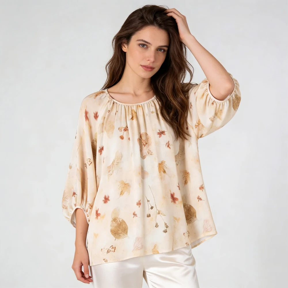 Milk Tea Colored Maple Leaf Print 100% Natural Mulberry Silk Double Crepe French Round Neck Raglan Sleeves Loose Women's T-shirt