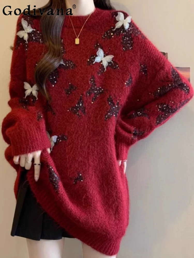 

Women Autumn Winter Large Size Christmas Red Sequined Sweater Chic Butterfly Retro Loose and Versatile Crew Neck Knitted Tops
