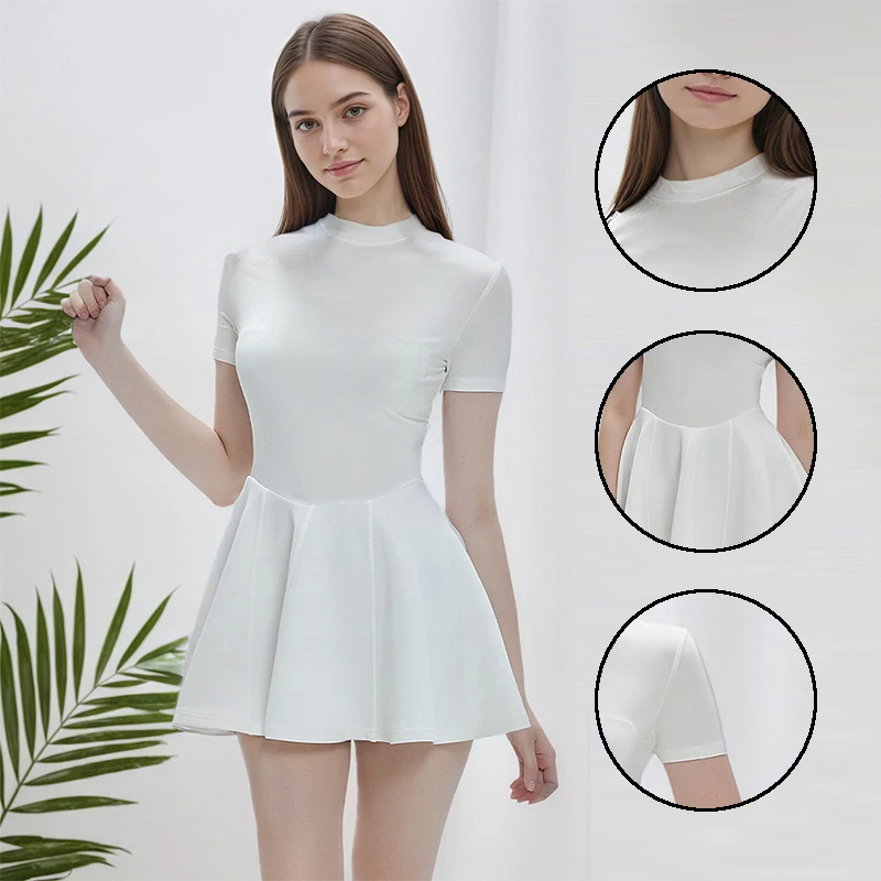 

Retro Women Tennis Golf Dress Short Sleeve Pleated Dress with Shorts Ladies Stand Collar Slim Golf Workout Skirts Sportswear