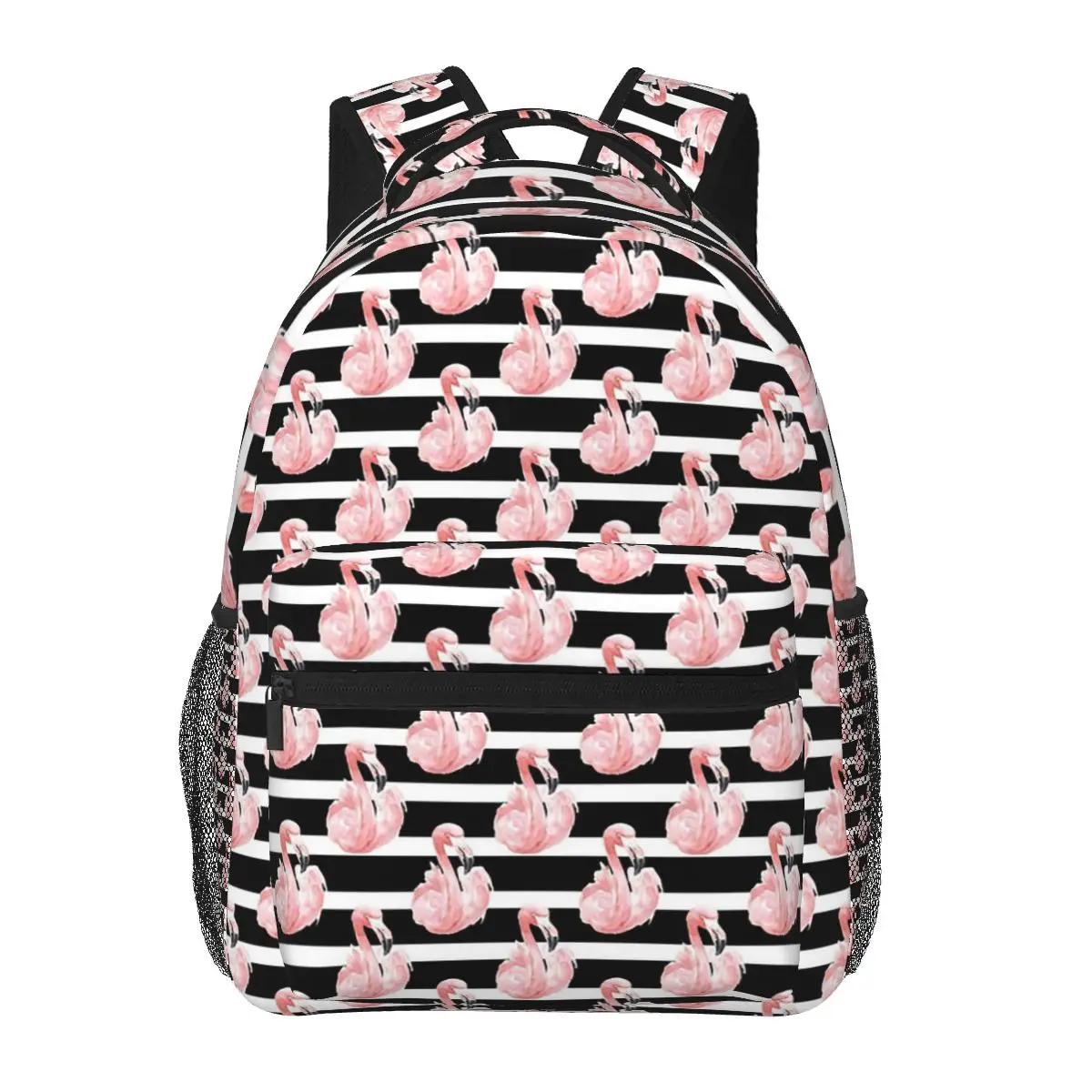 

Black Striped And Cartoon Flamingo Student Backpack School Bag Hiking Travel Daypack for Boys Girls Bookbag Shoulder Bags