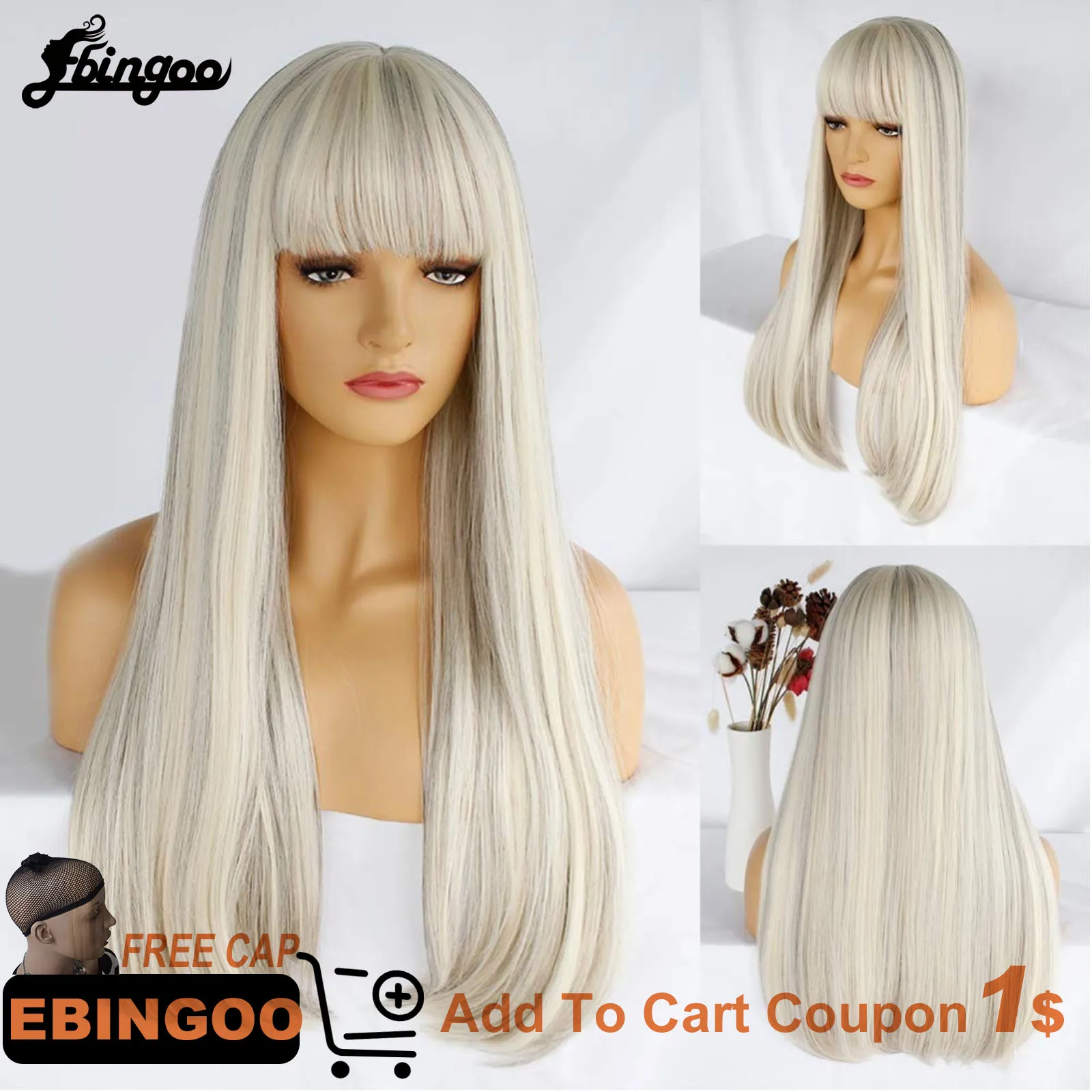 Ebingoo Synthetic Ombre White Wigs with Bangs Long Silk Straight Cosplay Wig Heat Resistant Fiber For Women