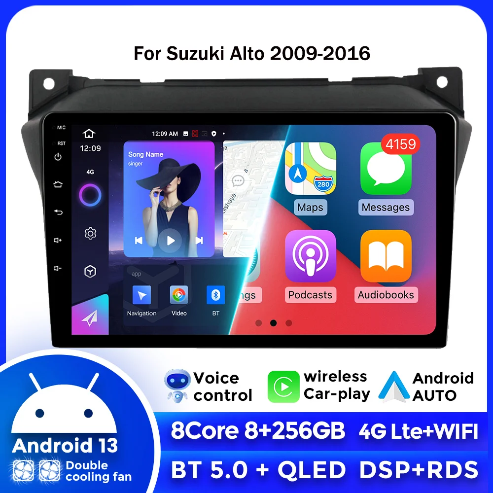 Radio automática CarPlay Android 13 de 256GB para Suzuki Alto 2009 - 2016, reproductor de vídeo Multimedia para coche, Radio estéreo para coche con Host de navegación