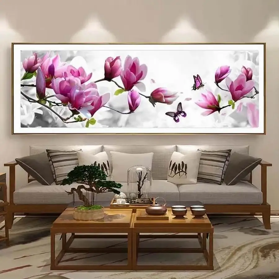 FULLCANG Pink Orchid Large Size Diamond Painting Leaves Flower Diy Full Mosaic Embroidery Abstract Line Scenery Deer FG2044