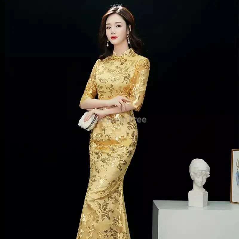 

2025 exquisite jacquard improved cheongsam high end fashion show chinese qipao gorgeous temperament bride's toasting attire