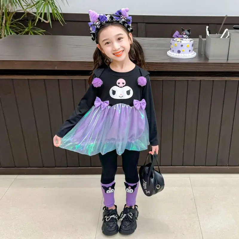 

Kawaii Kuromi Sanrio Autumn Cute Girl Hoodie Set Comfortable Pants Student Long Sleeves Children Birthday Gifts for Girls