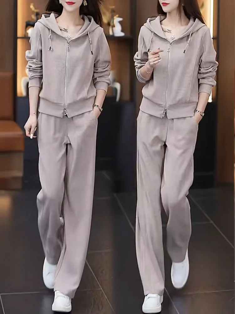 Lässiges Sportbekleidungsset für Damen, Kapuzenpullover, weites Bein, Hose, zweiteiliges Set, trendiger Herbst 2025, Neuankömmling, bequeme Polyesterfaser