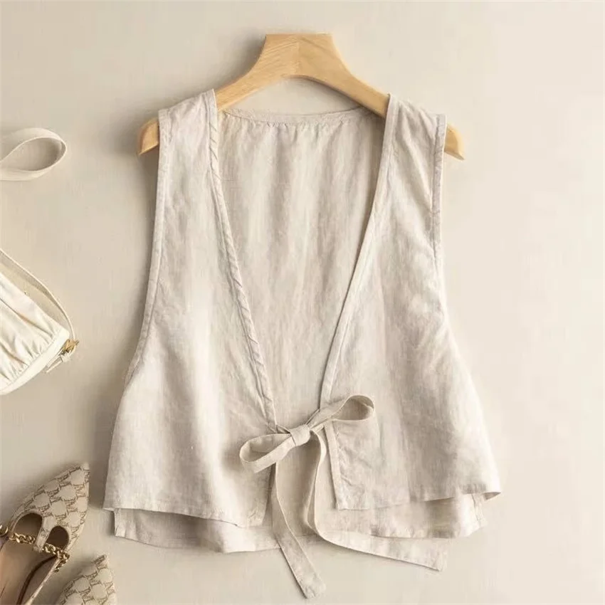 2023 New Women Cotton and Linen Vest Fashion Lady Solid Vests Big Size Slim Female Sleeveless Coat Jackets Short Paragraph 2237