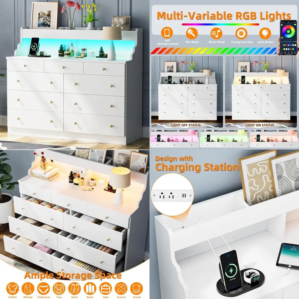 

Illuminated 9-Drawer Dresser with Power Outlet, Contemporary Storage Chest for Bedrooms with Open Shelves