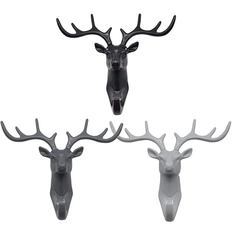 1PC Nail-Free Deer Head Hooks Self Adhesive Deer Antler Hooks Decorative Animal Wall Key Holder Wall Hooks for Home Office Decor