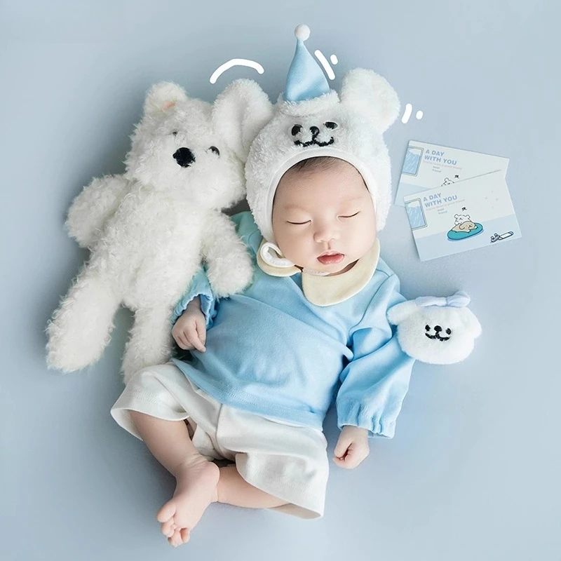 

Newborn Photography Clothing Cute Dog Theme Set Blue Blanket Outfit Hat with Doll Decor for Studio Photoshoot Photo Props