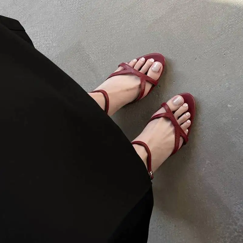 Women Genuine Leather Thong Sandals Ankle Strap Thin High Heel Rubber Sole Pig Lining Summer Party Shoes Red Black F160