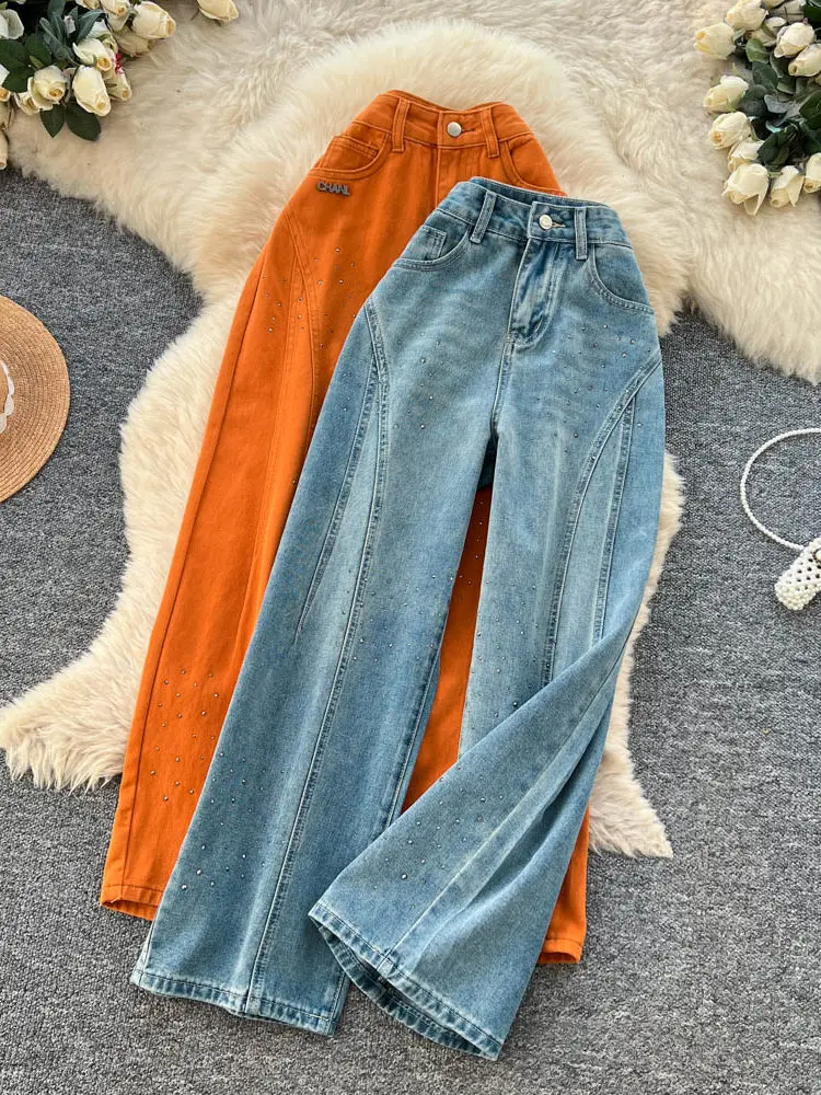 

Fashionable bright diamond high waist loose denim wide leg pants women in the spring 2026 slim and versatile casual pants