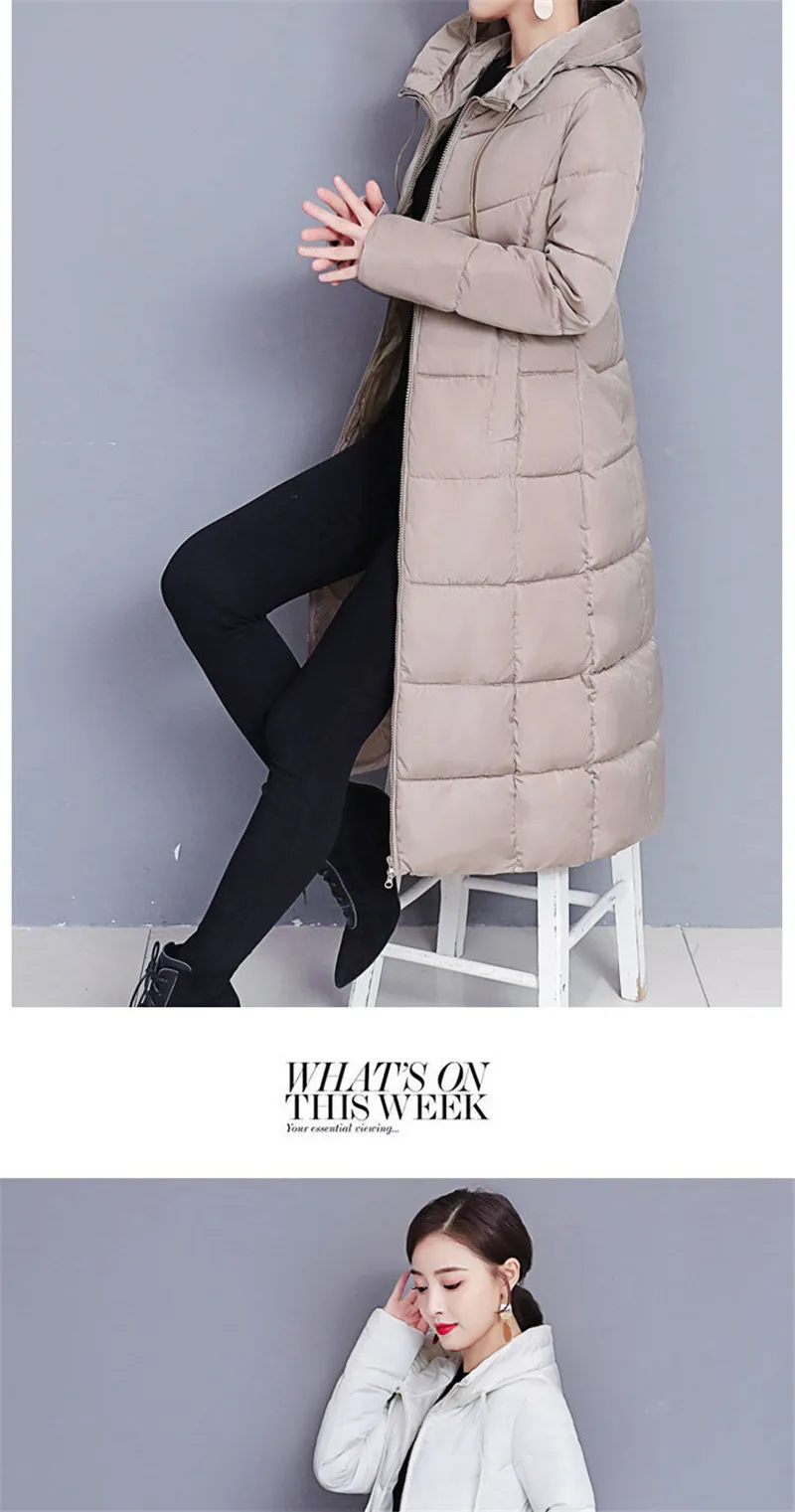 Winter 2023 New Down Cotton-Padded Jacket Long Loose Fashion Coat Thickened Outerwear Warm Zipper Hooded Solid Color Overcoat