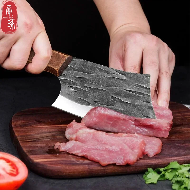 Stainless Steel Butcher Knife Handmade Forged Kitchen Knives Meat Cutting Fruit Slicing Cooking Chef Knife Wooden Handle