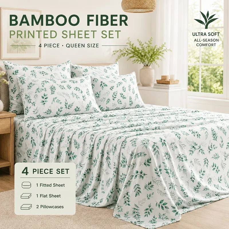 4Pcs Bamboo Bed Sheet Set Floral Botanical Print Queen Size Bedsheet Soft Leaf Print Bedding Sets 14