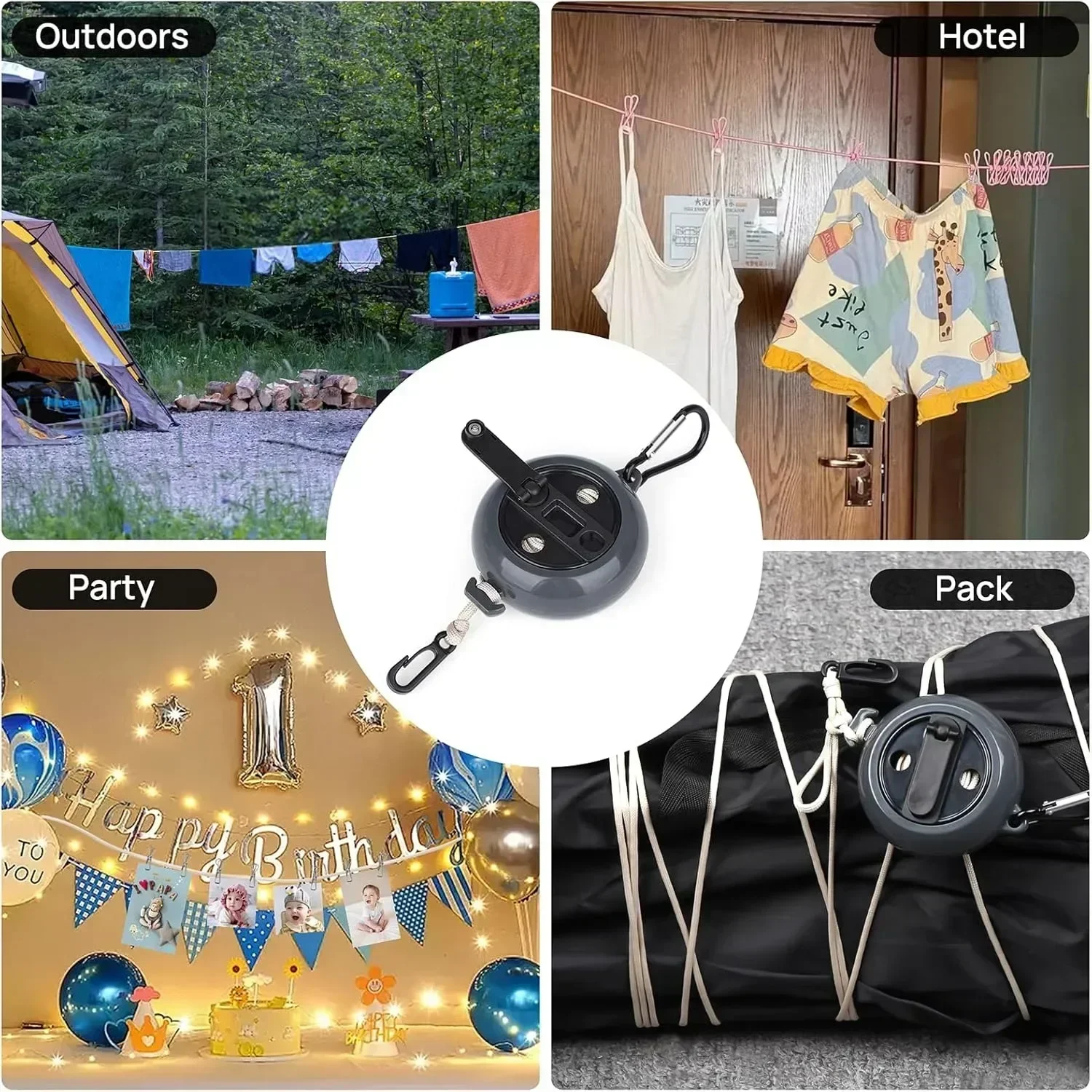 1pc Adjustable Clothesline Outdoor Travel Portable Clothes Line Outdoor Retractable Clothesline Suitable Camping Multitool Black