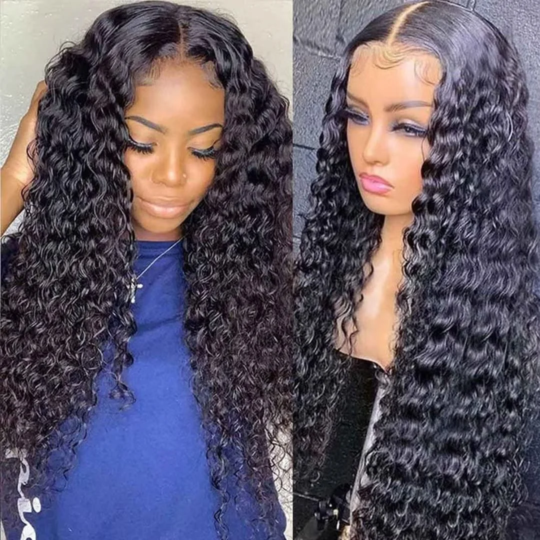 Wig Rambut Asli 40 Inch Model Water Wave Curly 13x4 Tanpa Lem, Wig Frontal Lace HD 13x4 Pre Cut Siap Pakai Model Deep Wave 250%