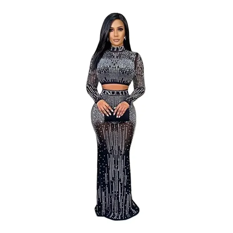 Women Fashion Diamond Decoration Two-piece Suit Stand-up Neck Short Tops High Waist Floor-length Skirt Commuter Female Sets 2024