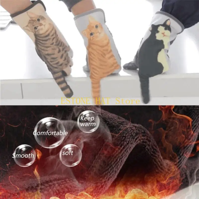 49MF Women Winter Kitten Tail Finger Touchscreen Gloves Cartoon 3D Digital Print Faux Fleece Lined Thermal Warm Mittens