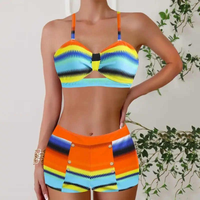 Cikini Summer Beach Striped Print Ruched Bikini Set Sexy Swimwear Bathing Suit For Women
