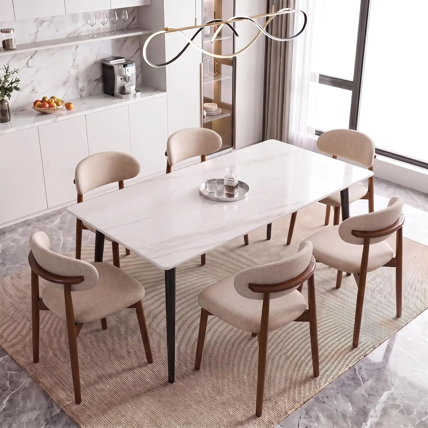 Mid Century Fabric Upholstered Dining Chair with Curved Wooden Back for Kitchen Restaurant Cafe, Set of 6 Camel, Customized