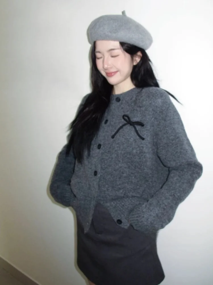 

Retro ey Knitted Open Cardigan Women's Spring Sle 3D Knot Outerwear Sweater Jaet Vintage Feel Loose Fit