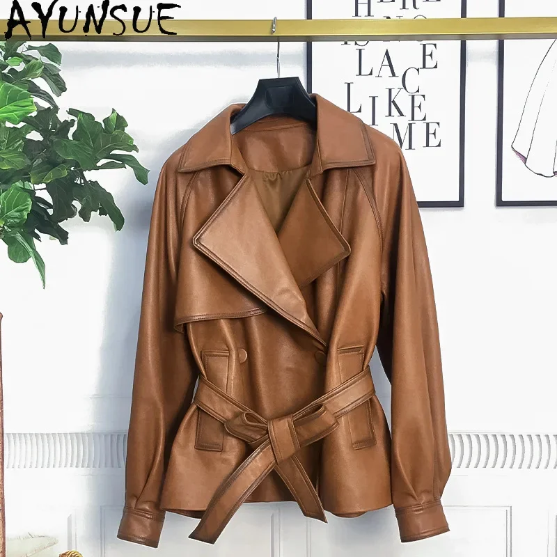 Genuine AYUNSUE Leather Jacket High Quality Real Sheepskin Jackets for Women 2024 Fashion Vintage Coat Lace-up