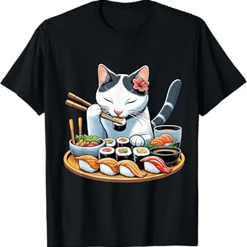 

Cute Cat Eating Sushi Graphic Tee Funny Japanese Food Lover Short Sleeve T-Shirt Unisex