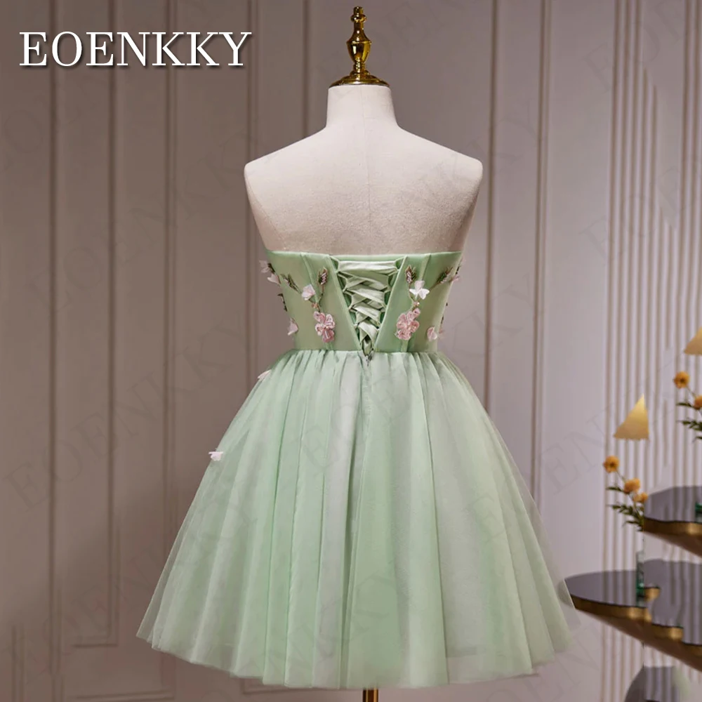 Gaun Prom manik-manik Tulle tanpa tali pendek gaun Homecoming A-Line bunga 3D elegan Mini hijau leher Sweetheart Neck вечернее