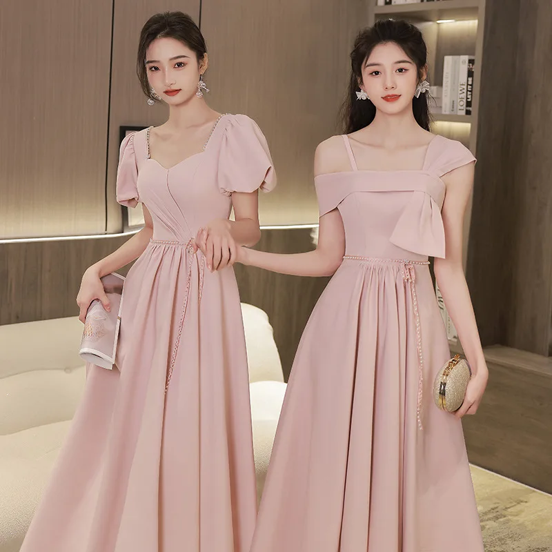 Pink Satin Bridesmaid Dress 2023 New Slim Wedding Sisters Group Evening Dress 4 Style Sweetheart Neck A-Line Graduation Vestido