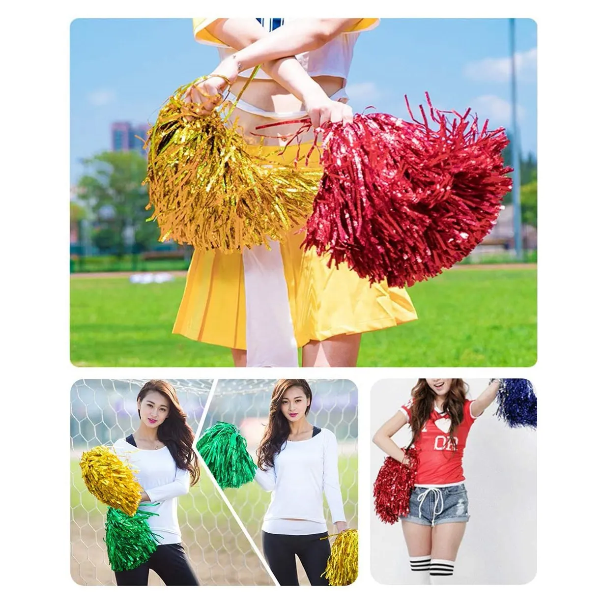 AEF6-48Pcs Cheerleading Pom Poms Metallic Foil Cheer Pom Poms With Plastic Handle For Adults Kids Cheerleaders Party Yellow