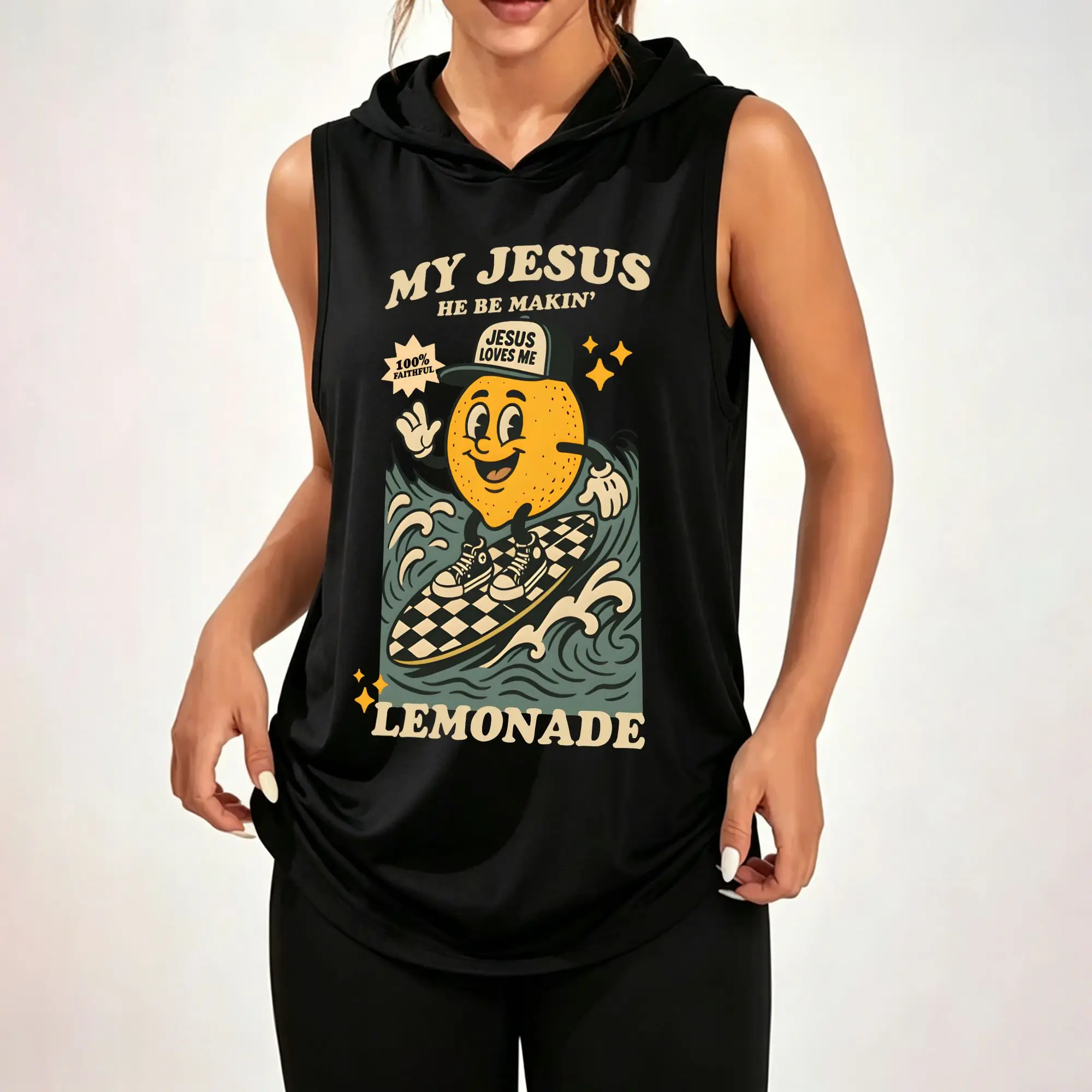 Women Sleeveless Hooded Tank Top Cartoon Surfing Lemon 