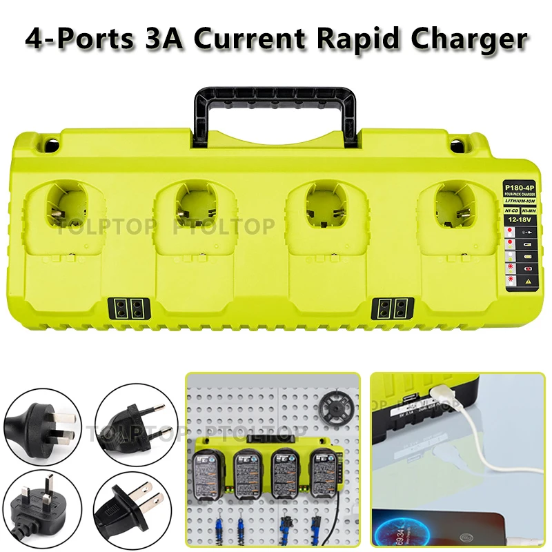 NEW 4-Ports 3A Current Rapid Charger Replacement ForRyobi Power Tool 12V 18V 20V Ni-Cd Ni-Mh Li-ion Batteries P108 with Dual USB