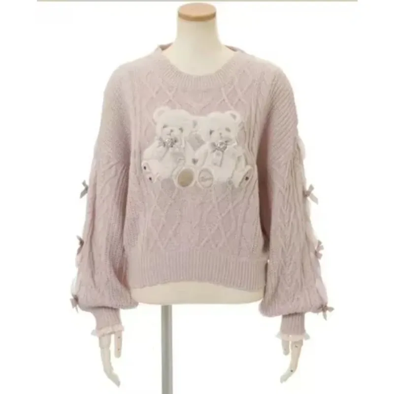 2026 New Sweet Cute Mine Style Autumn Winter Cartoon Bear Sweater,Round Neck Loose Japanese Knit Tops for Women Girls