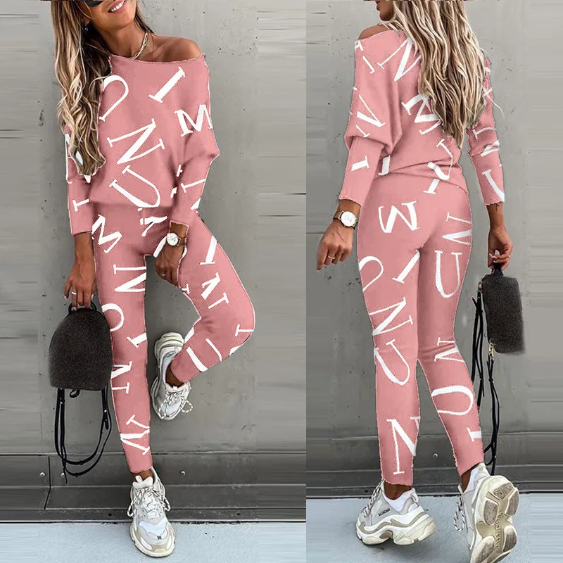 Spring Autumn Fashion One Shoulder Long Sleeve Pure Cotton Printing Letter Women\'s Clothing Korean Trend Bound Feet Pant Suits