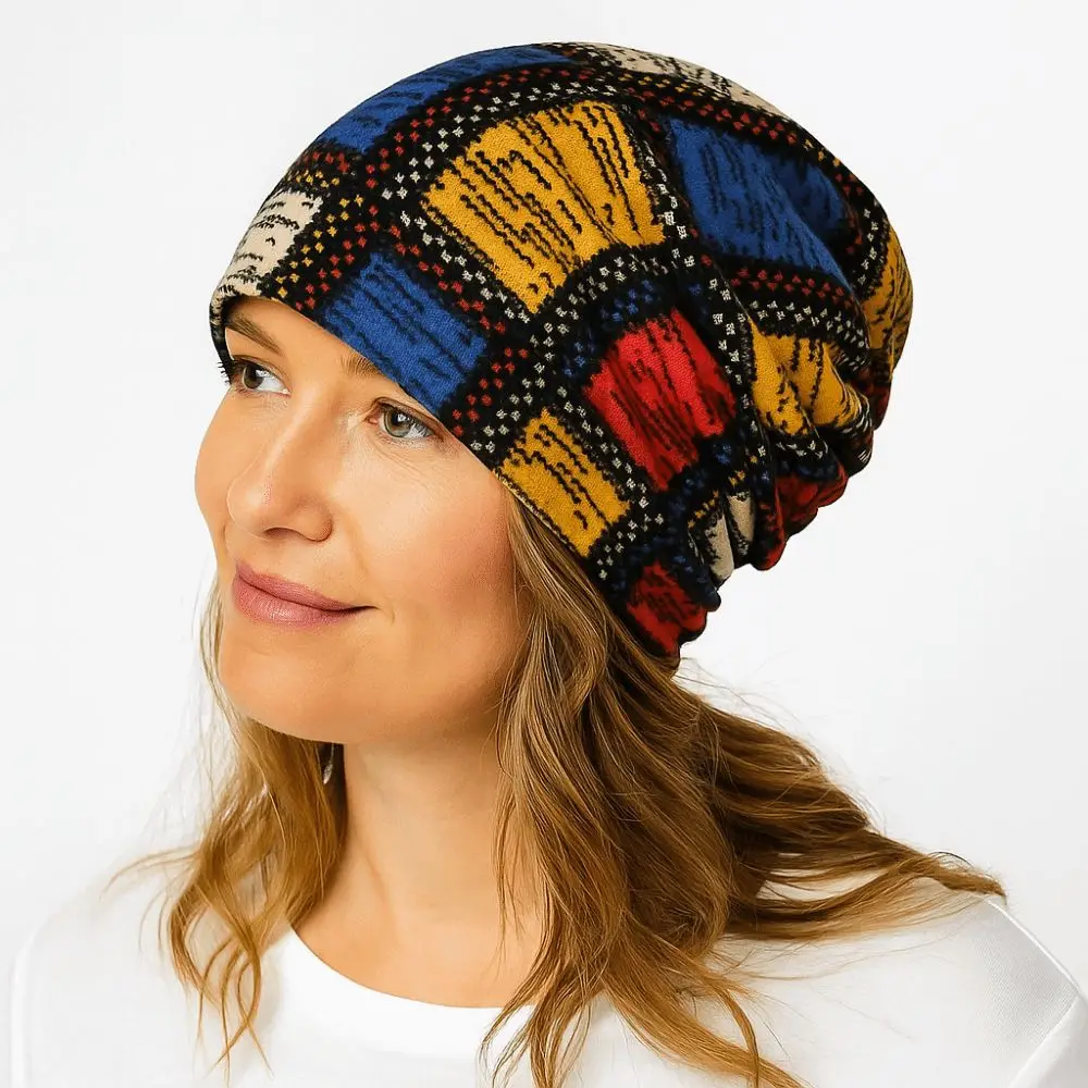 

Contrasting Colors Pullover Hat Plaid Print Scarf Pullover Hat Turban Hats Multifunctional Casual Hedging Cap Autumn and Winter