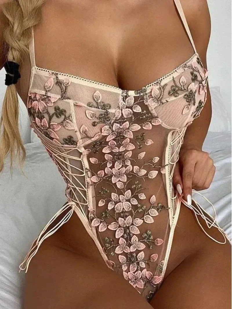 

Sexy Flower Embroidery Lace Mesh Transparent Bodysuits Backless Deep V Suspenders Sleeveless Bodysuits Charming Elegant HV1T