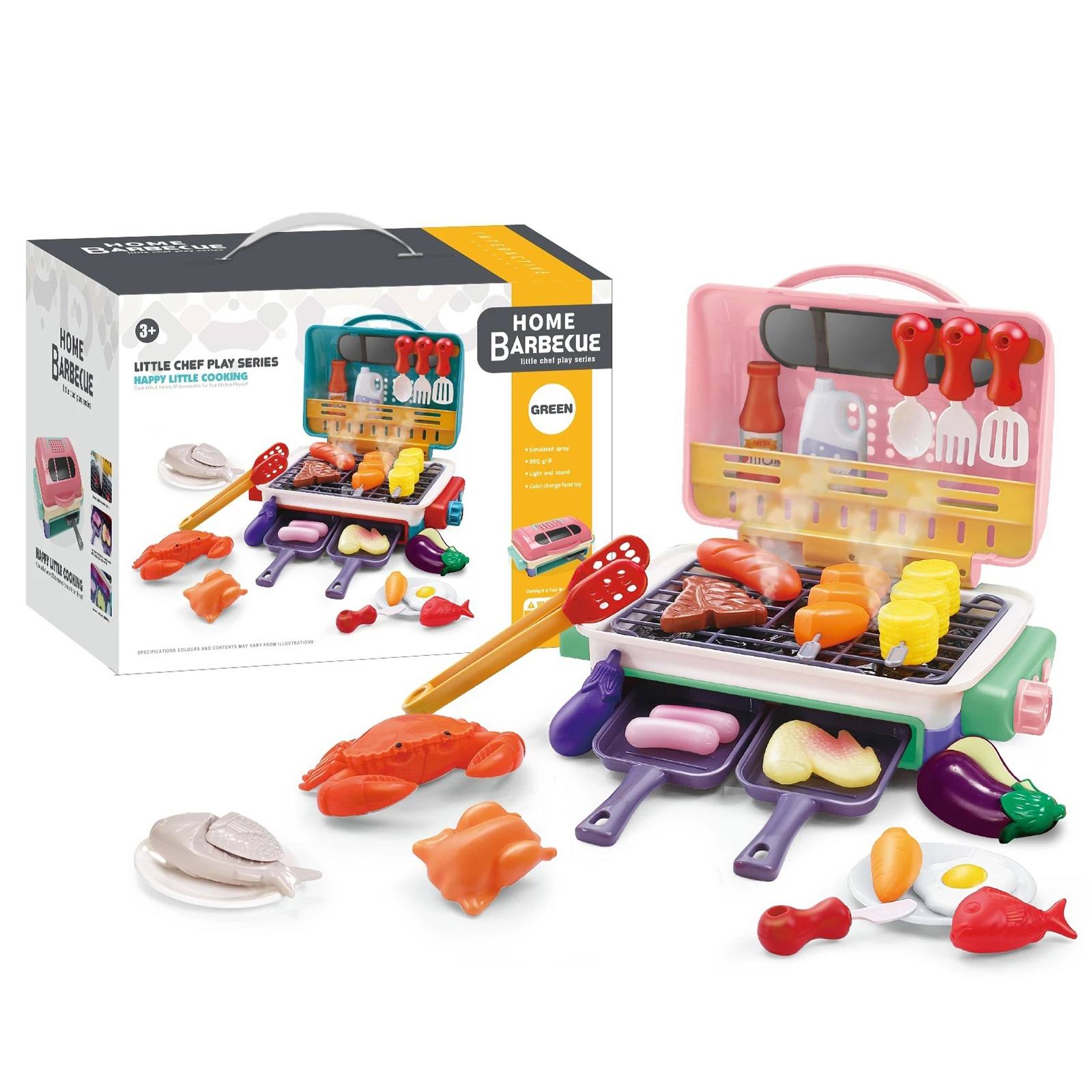 연기, 빛, 소리 및 색상이 변하는 음식이 포함된 어린이용 바베큐 그릴 플레이 세트 바베큐 장난감 유아용 놀이 주방 액세서리 3-5세