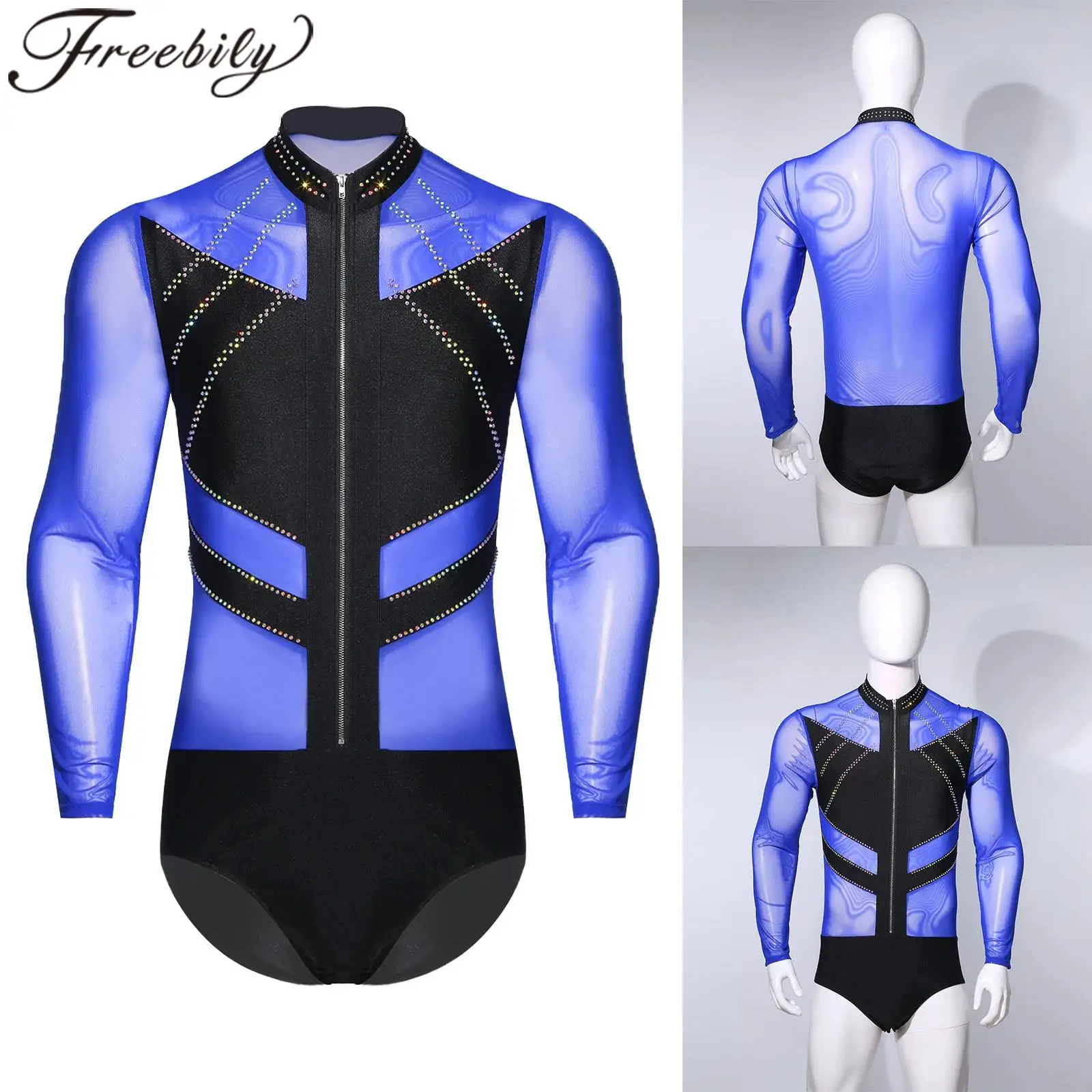 

Mens Sheer Mesh Latin Dance Bodysuit Long Sleeve Gymnastic Jumpsuit Performance Costume Male Ballet Figure Skating Leotard