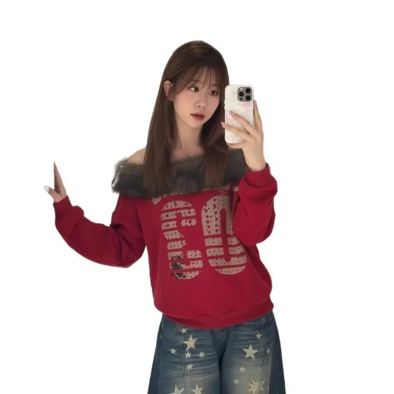 

Осень и зима, популярная для похудения, свободный универсальный топ в стиле ретро, сексуальный меховой воротник, толстовка на одно плечо с открытыми плечами для женщин