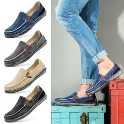 Men Classic Canvas Vulcanize Shoes Breathable Slip on Lazy Shoes Washed Denim Canvas Moccasin Loafers Casual Flats Male Sneakers