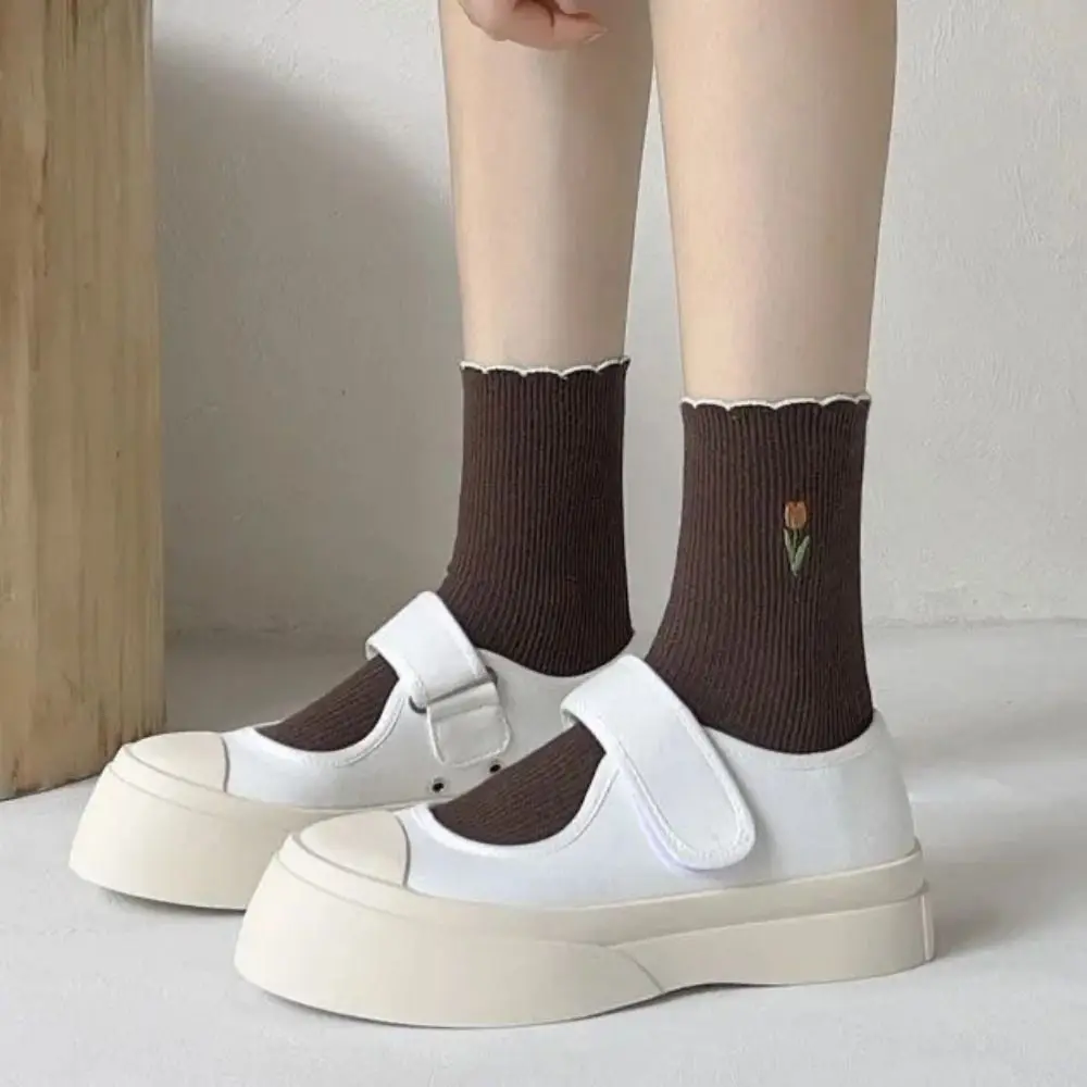 

5 пар женских носков с цветочной вышивкой и тюльпанами, однотонные носки с рюшами, ретро, винтажные носки для экипажа, осень-зима