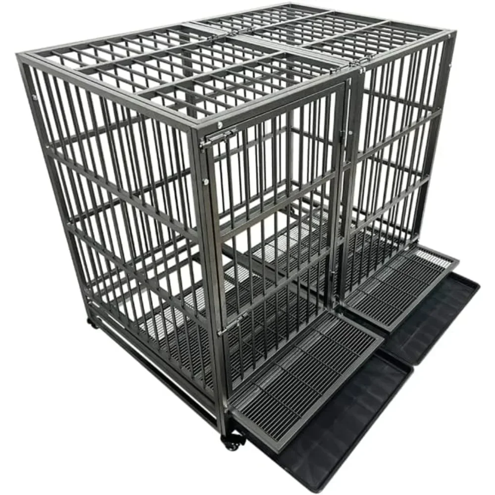 

Heavy Duty Dog Crate Cage with Wheels, Indestructible and Escape Proof Steel Kennel Indoor for High Anxiety Dogs Double Door