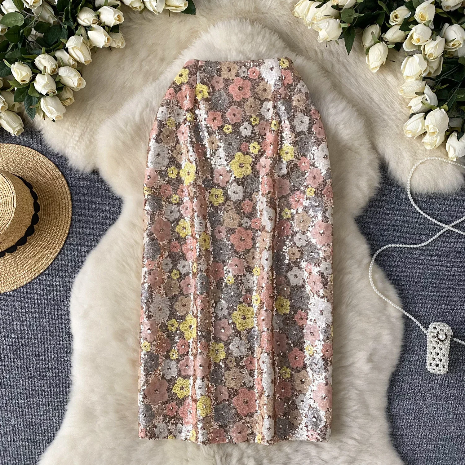 

Women Chic floral sequin basics Elegant Elastic Sexy Long dress Waist Fashion Vintage summer Beach A-line split Skirt