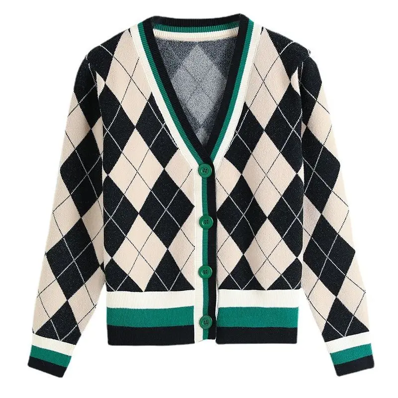 Lattice Graphic Patchwork Casual V-neck Loose Cardigan Office Lady Straight Button Autumn Winter Thin 2022 Women's Clothing Tops