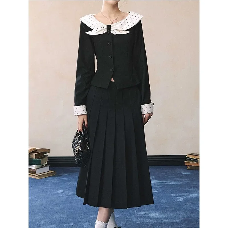 Women French Elegant Two Piece Set Polka Dot Doll Collar Jacket High Waist Pleated Long Skirt S-XL