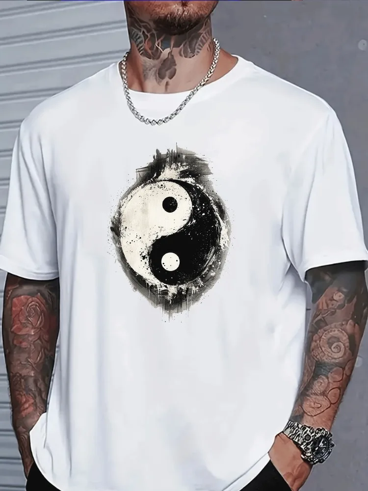 Vivid Red Male Crew Neck Tshirt Vintage Splash Ink Tai Chi Symbol Loose Fit Oriental Meditation Daily Short Sleeve Casual Outfit