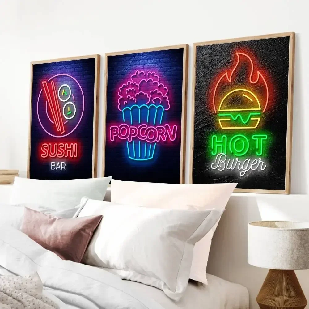 Neon Effect Food Noodles Ramen Popcorn Sushi Poster Print For Bedroom Living Room Home Decor Cartoon Movie Wall Art HD